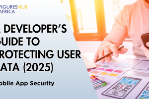 A logo of figureshub africa at the top left corner with a topic titled: "A Developer’s Guide to Protecting User Data (2025)" on a white and blue gradient background with a man holding a phone and a custom phone making on paper on a table in front of him
